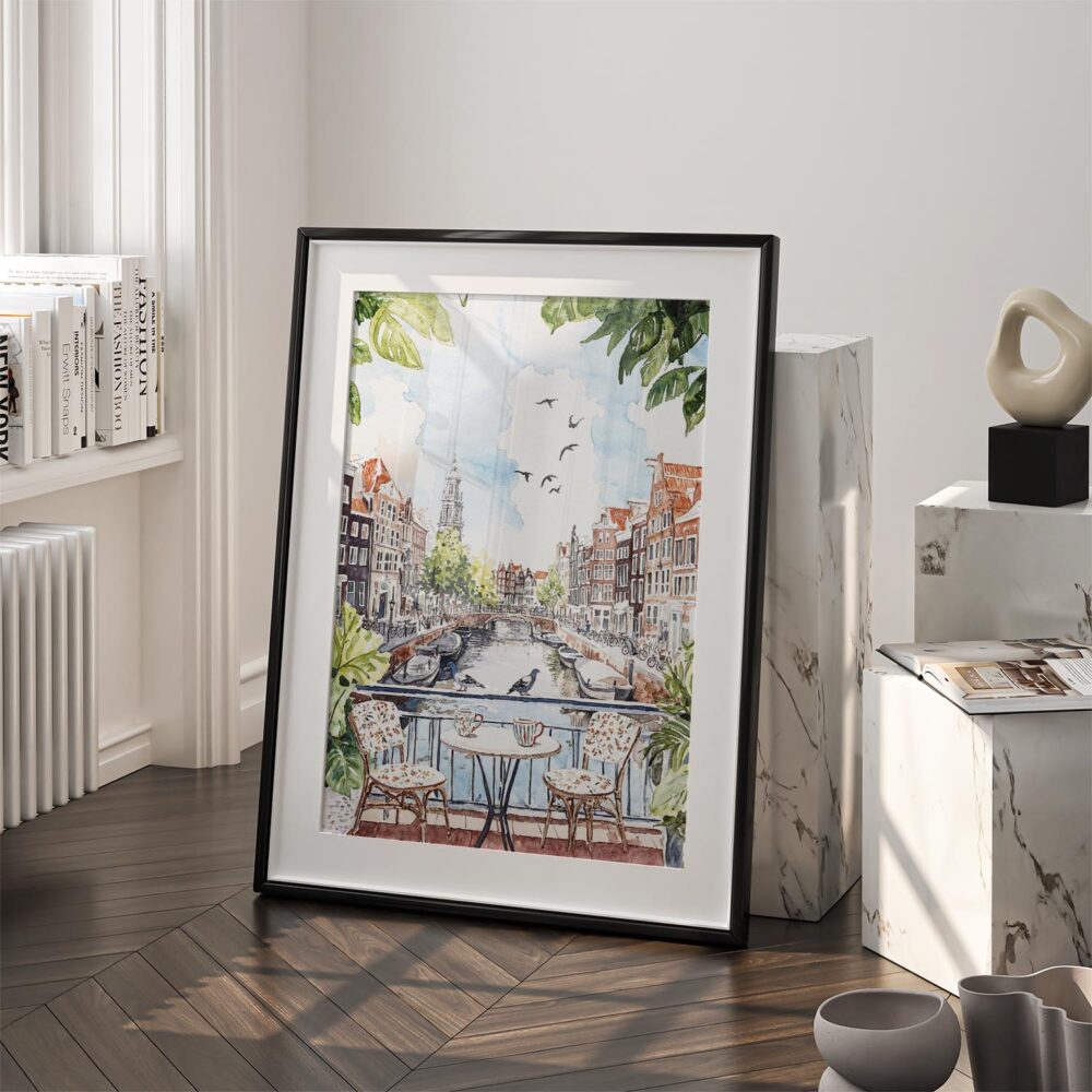 03 - Morning Coffee in Amsterdam Watercolor Art - Digital Download - Frame Standing on floor.jpg 03 - Morning Coffee in Amsterdam Watercolor Art - Digital Download - Frame Standing on floor.jpg