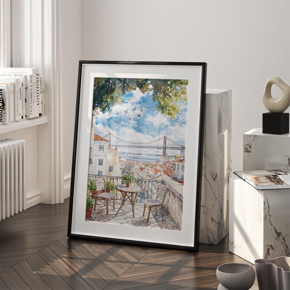 03 - Morning Coffee in Lisbon Watercolor Art - Digital Download - Frame Standing on floor.jpg 03 - Morning Coffee in Lisbon Watercolor Art - Digital Download - Frame Standing on floor.jpg