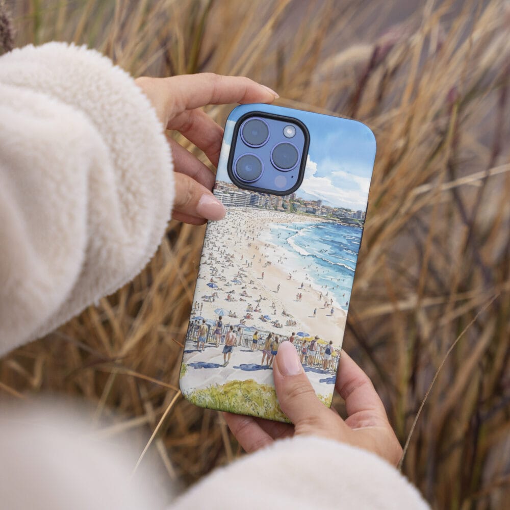 04 - Bondi Beach Watercolor Art Phone Case - Female hand.jpg 04 - Bondi Beach Watercolor Art Phone Case - Female hand.jpg