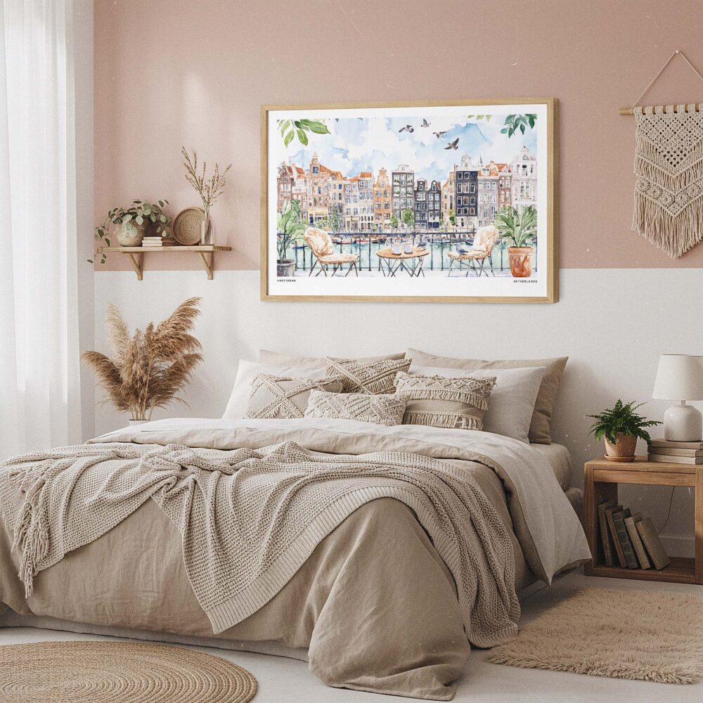 04 - Framed A Morning in Amsterdam Watercolor Art - Horizontal Art Print in Boho Bedroom.jpg 04 - Framed A Morning in Amsterdam Watercolor Art - Horizontal Art Print in Boho Bedroom.jpg