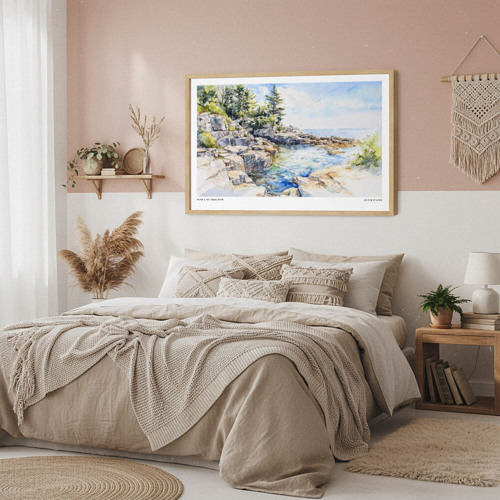 04 - Framed Acadia National Park Watercolor - Horizontal Art Print in Boho Bedroom.jpg 04 - Framed Acadia National Park Watercolor - Horizontal Art Print in Boho Bedroom.jpg