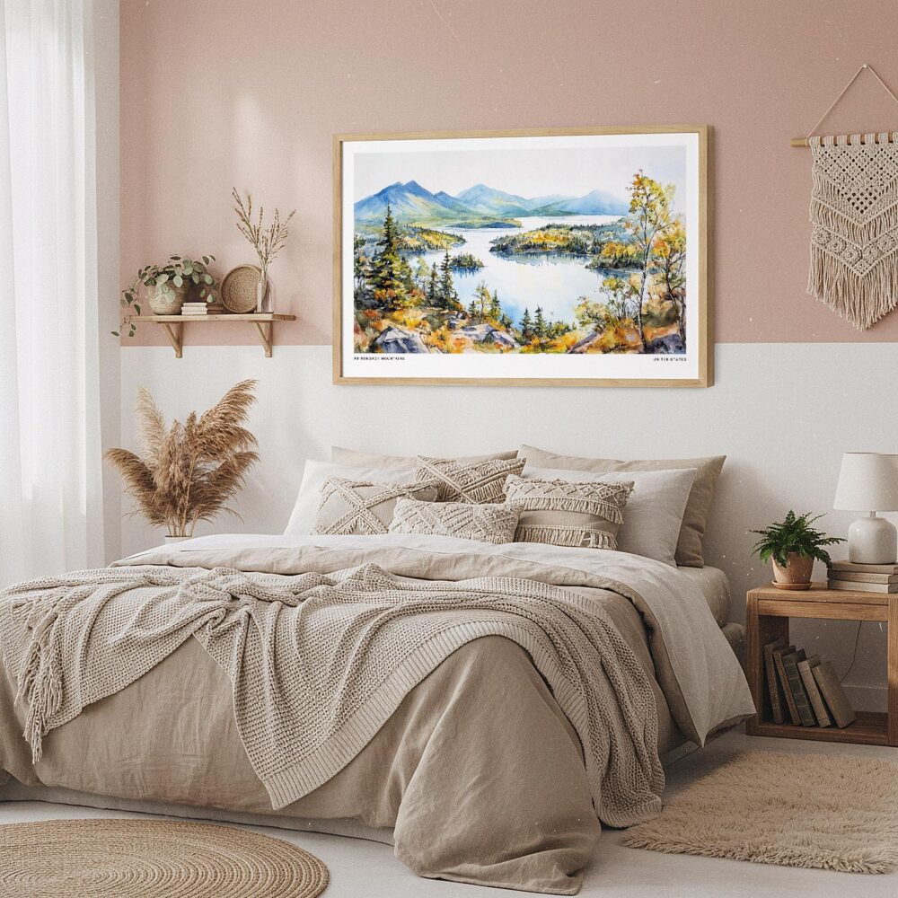 04 - Framed Adirondack Mountains Watercolor - Horizontal Art Print in Boho Bedroom.jpg 04 - Framed Adirondack Mountains Watercolor - Horizontal Art Print in Boho Bedroom.jpg