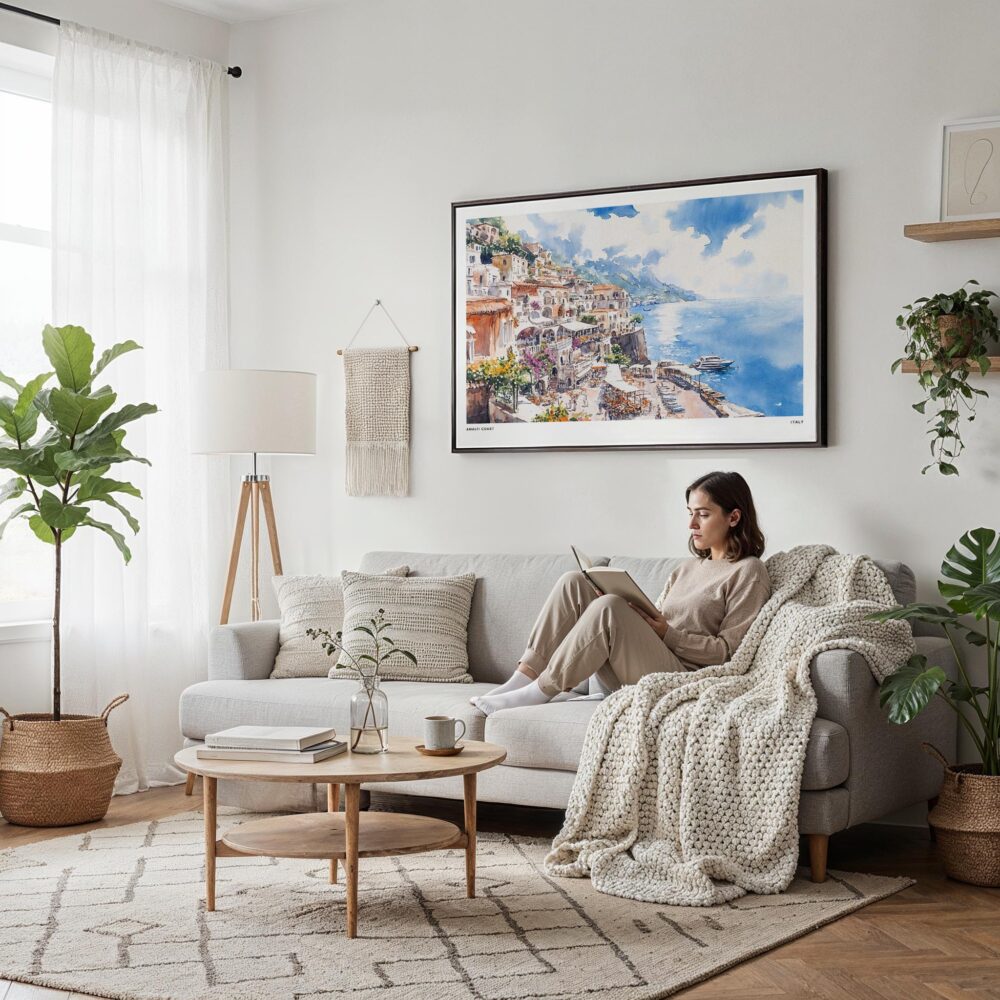 04 - Framed Amalfi Coast Watercolor Art - Horizontal Canvas Print - Scandi Living Room.jpg 04 - Framed Amalfi Coast Watercolor Art - Horizontal Canvas Print - Scandi Living Room.jpg