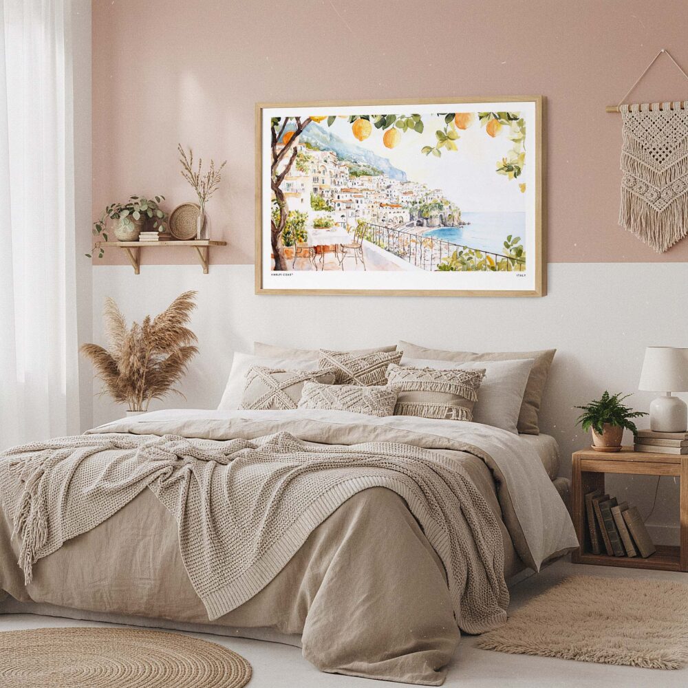04 - Framed Amalfi Coast with Lemon Trees Watercolor Art - Horizontal Art Print in Boho Bedroom.jpg 04 - Framed Amalfi Coast with Lemon Trees Watercolor Art - Horizontal Art Print in Boho Bedroom.jpg