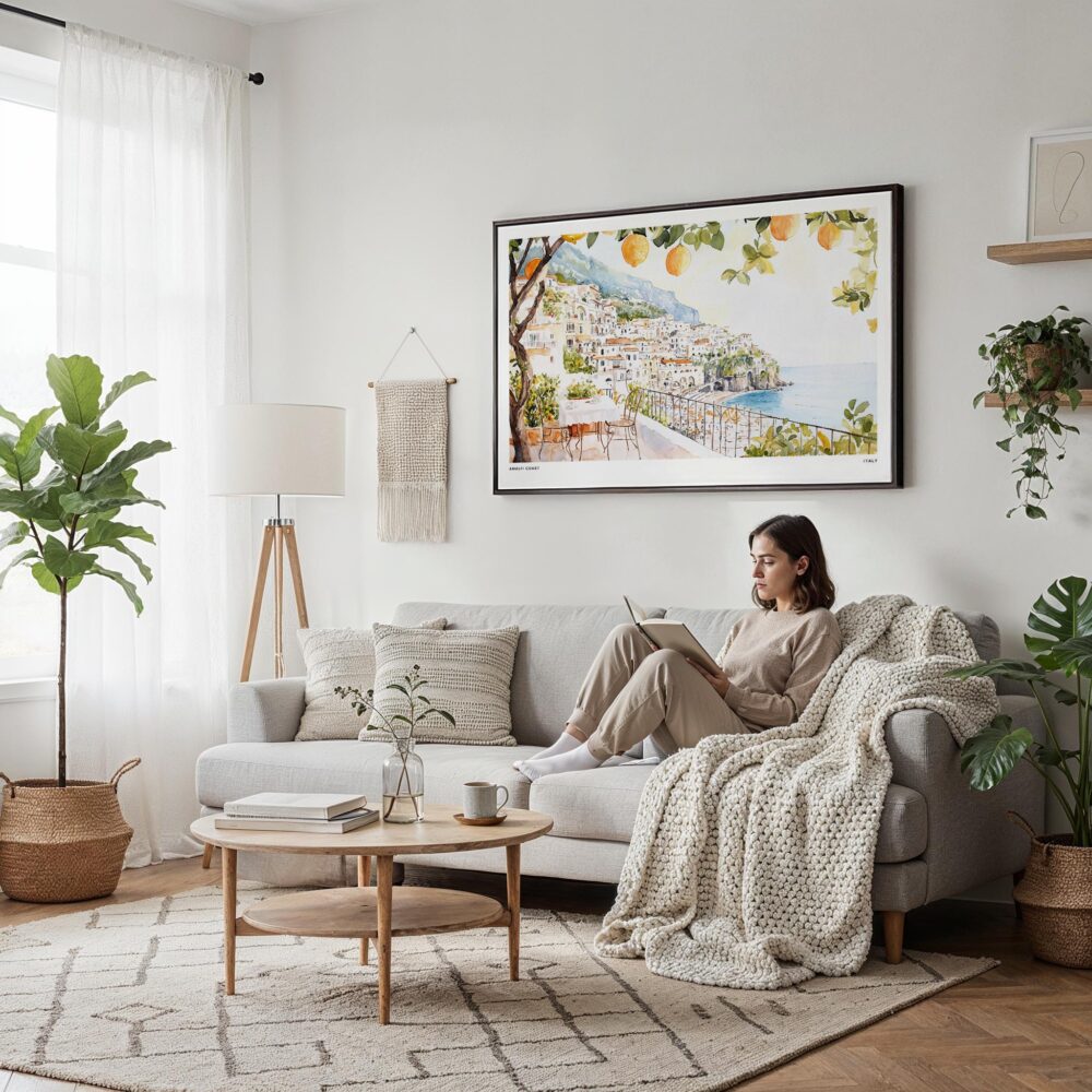 04 - Framed Amalfi Coast with Lemon Trees Watercolor Art - Horizontal Canvas Print - Scandi Living Room.jpg 04 - Framed Amalfi Coast with Lemon Trees Watercolor Art - Horizontal Canvas Print - Scandi Living Room.jpg