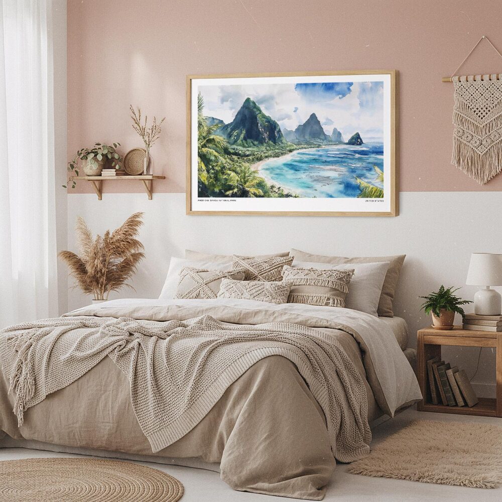 04 - Framed American Samoa National Park Watercolor - Horizontal Art Print in Boho Bedroom.jpg 04 - Framed American Samoa National Park Watercolor - Horizontal Art Print in Boho Bedroom.jpg