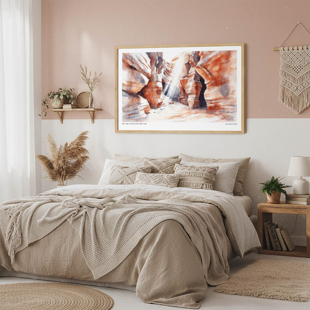 04 - Framed Antelope Canyon National Park Watercolor - Horizontal Art Print in Boho Bedroom.jpg 04 - Framed Antelope Canyon National Park Watercolor - Horizontal Art Print in Boho Bedroom.jpg