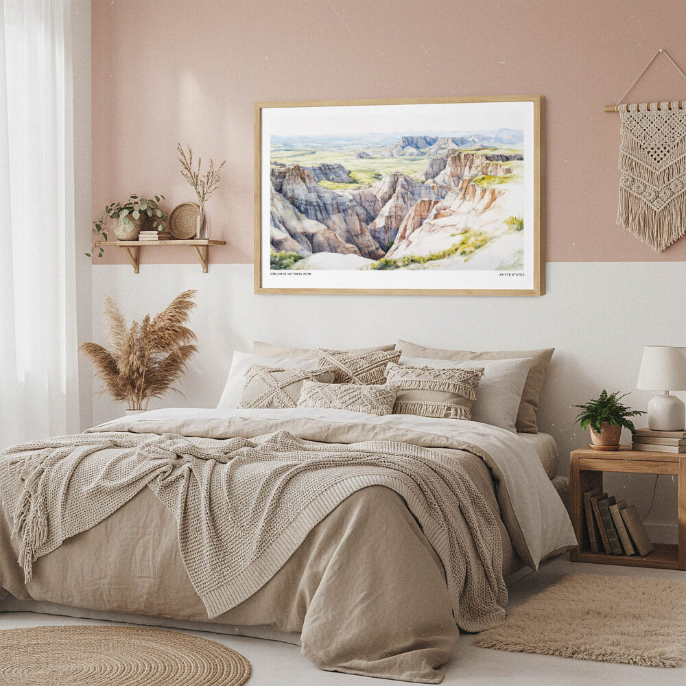 04 - Framed Badlands National Park Watercolor - Horizontal Art Print in Boho Bedroom.jpg 04 - Framed Badlands National Park Watercolor - Horizontal Art Print in Boho Bedroom.jpg