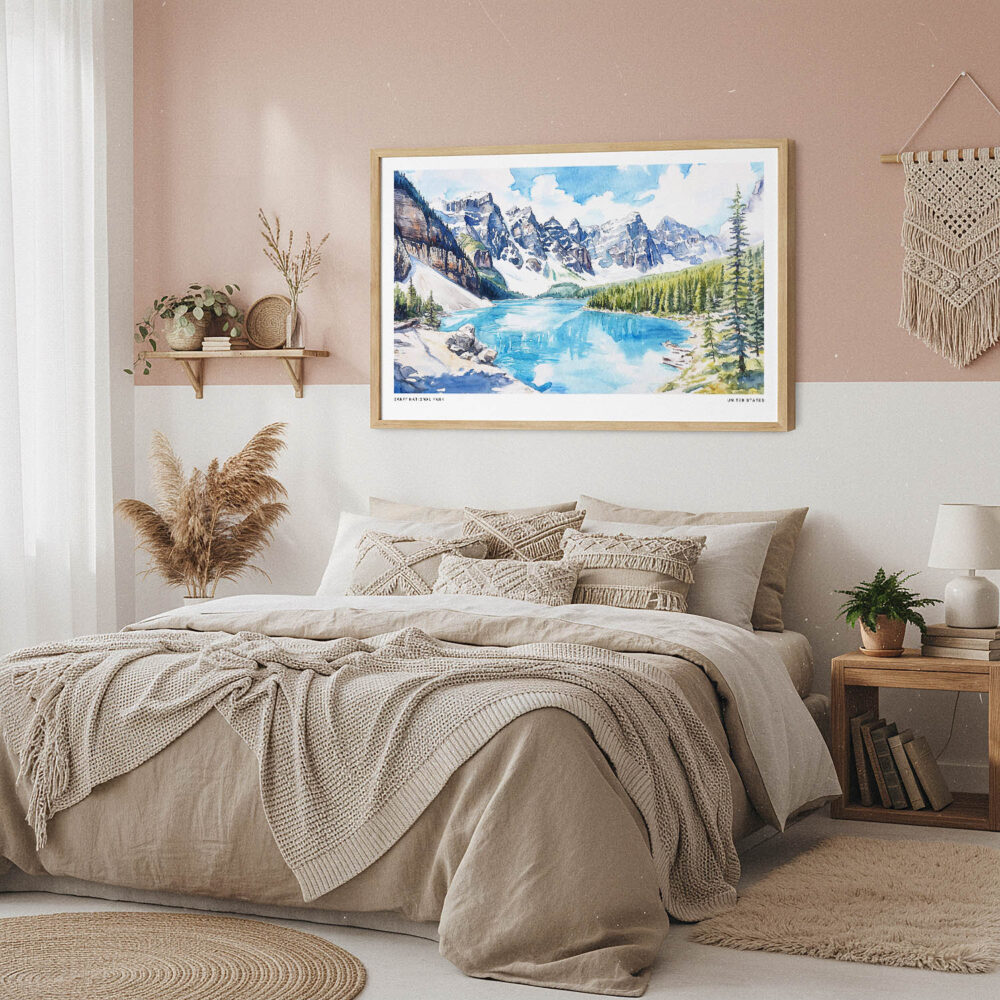 04 - Framed Banff National Park Watercolor - Horizontal Art Print in Boho Bedroom.jpg 04 - Framed Banff National Park Watercolor - Horizontal Art Print in Boho Bedroom.jpg