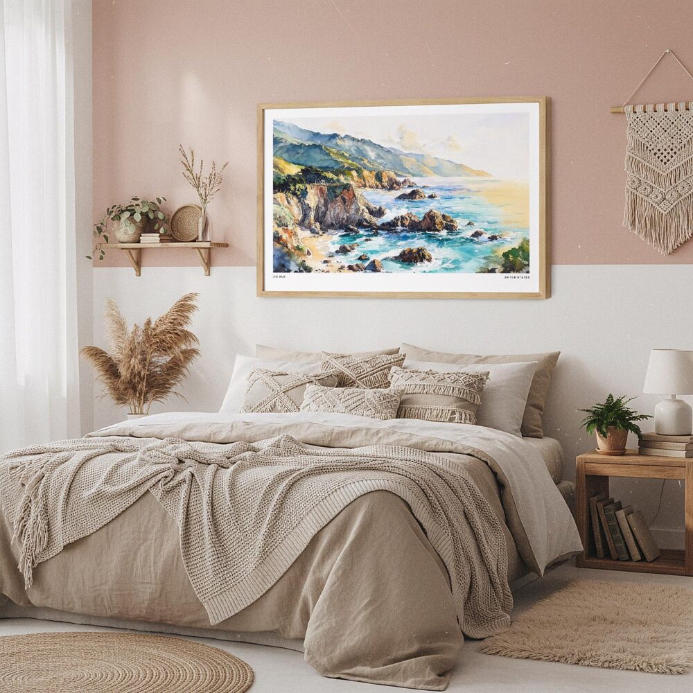 04 - Framed Big Sur Watercolor - Horizontal Art Print in Boho Bedroom.jpg 04 - Framed Big Sur Watercolor - Horizontal Art Print in Boho Bedroom.jpg