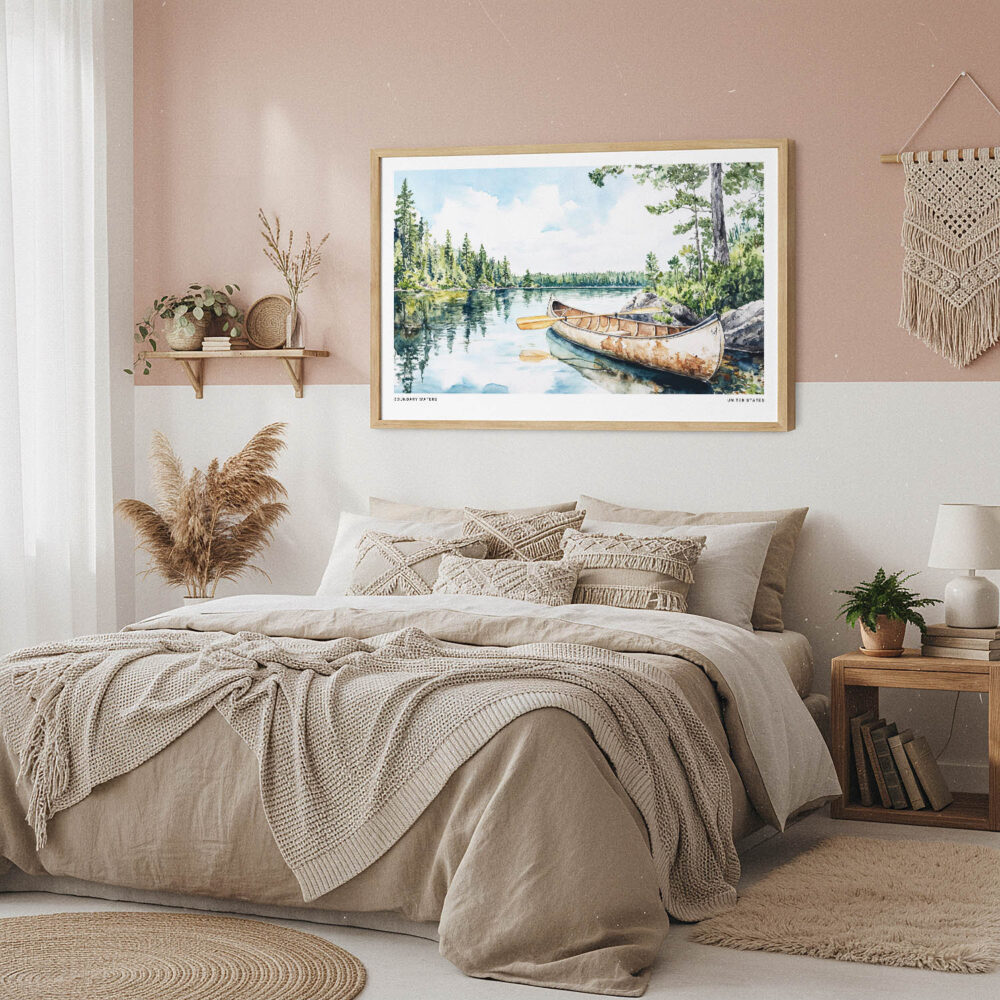 04 - Framed Boundary Waters Watercolor - Horizontal Art Print in Boho Bedroom.jpg 04 - Framed Boundary Waters Watercolor - Horizontal Art Print in Boho Bedroom.jpg