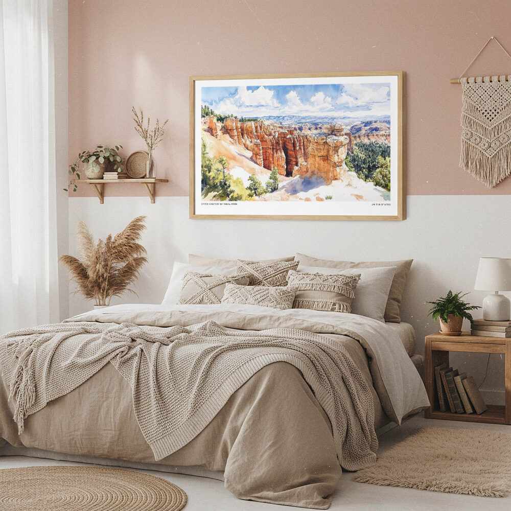 04 - Framed Bryce Canyon National Park Watercolor - Horizontal Art Print in Boho Bedroom.jpg 04 - Framed Bryce Canyon National Park Watercolor - Horizontal Art Print in Boho Bedroom.jpg