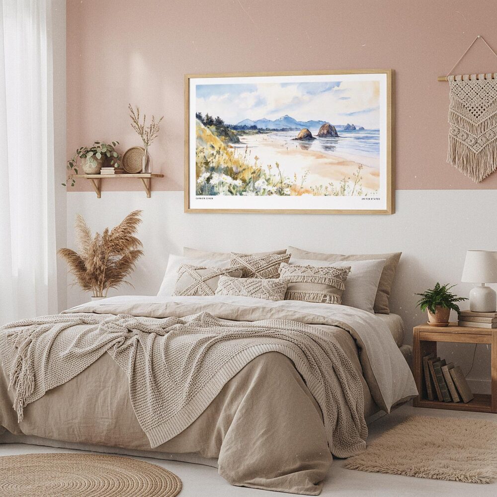 04 - Framed Cannon Beach Watercolor - Horizontal Art Print in Boho Bedroom.jpg 04 - Framed Cannon Beach Watercolor - Horizontal Art Print in Boho Bedroom.jpg