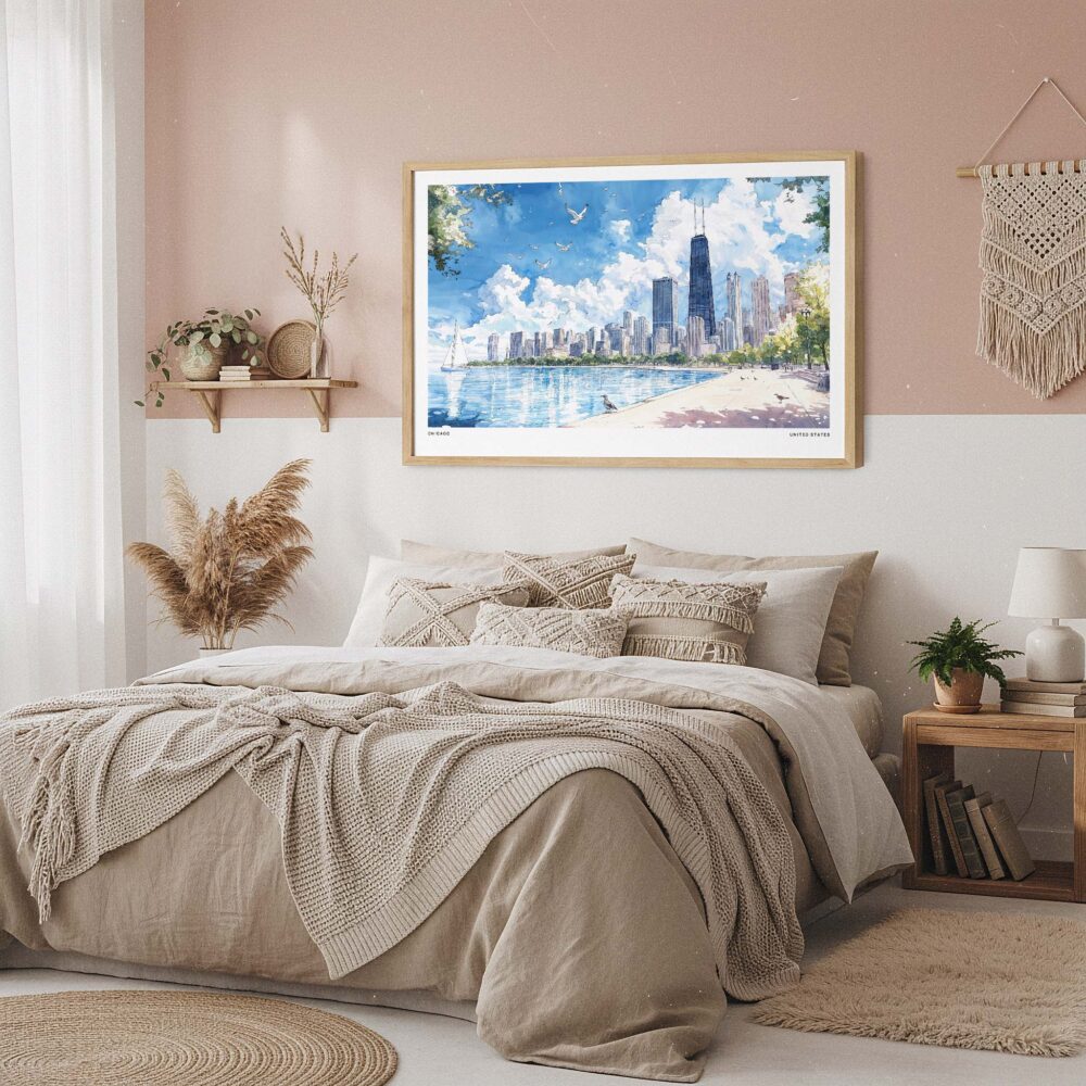 04 - Framed Chicago Skyline Watercolor Art - Horizontal Art Print in Boho Bedroom.jpg 04 - Framed Chicago Skyline Watercolor Art - Horizontal Art Print in Boho Bedroom.jpg