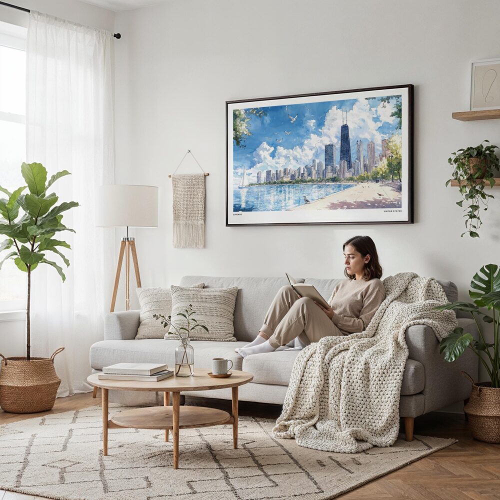 04 - Framed Chicago Skyline Watercolor Art - Horizontal Canvas Print - Scandi Living Room.jpg 04 - Framed Chicago Skyline Watercolor Art - Horizontal Canvas Print - Scandi Living Room.jpg