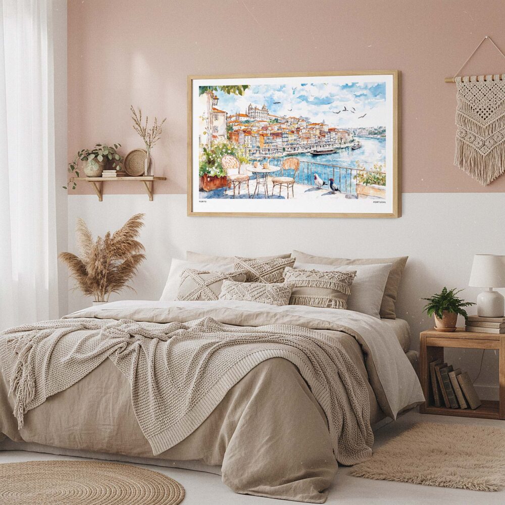 04 - Framed Coffee in Porto Portugal Watercolor Art - Horizontal Art Print in Boho Bedroom.jpg 04 - Framed Coffee in Porto Portugal Watercolor Art - Horizontal Art Print in Boho Bedroom.jpg