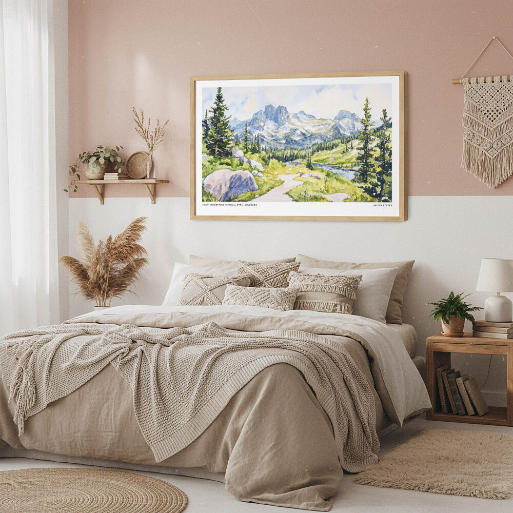 04 - Framed Colorado Rocky Mountains National Park Watercolor - Horizontal Art Print in Boho Bedroom.jpg 04 - Framed Colorado Rocky Mountains National Park Watercolor - Horizontal Art Print in Boho Bedroom.jpg