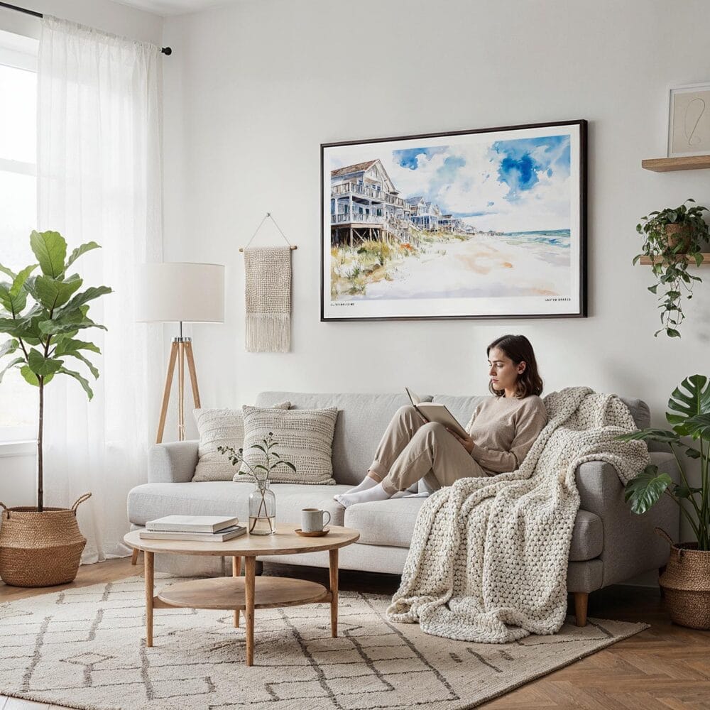 04 - Framed Cottages at Outer Banks NC Watercolor - Horizontal Canvas Print - Scandi Living Room.jpg 04 - Framed Cottages at Outer Banks NC Watercolor - Horizontal Canvas Print - Scandi Living Room.jpg