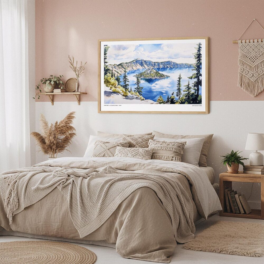04 - Framed Crater Lake National Park Watercolor - Horizontal Art Print in Boho Bedroom.jpg 04 - Framed Crater Lake National Park Watercolor - Horizontal Art Print in Boho Bedroom.jpg
