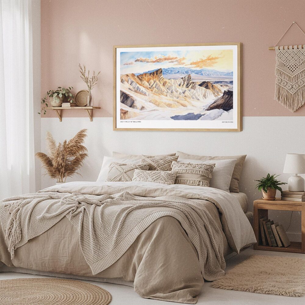 04 - Framed Death Valley National Park Watercolor - Horizontal Art Print in Boho Bedroom.jpg 04 - Framed Death Valley National Park Watercolor - Horizontal Art Print in Boho Bedroom.jpg