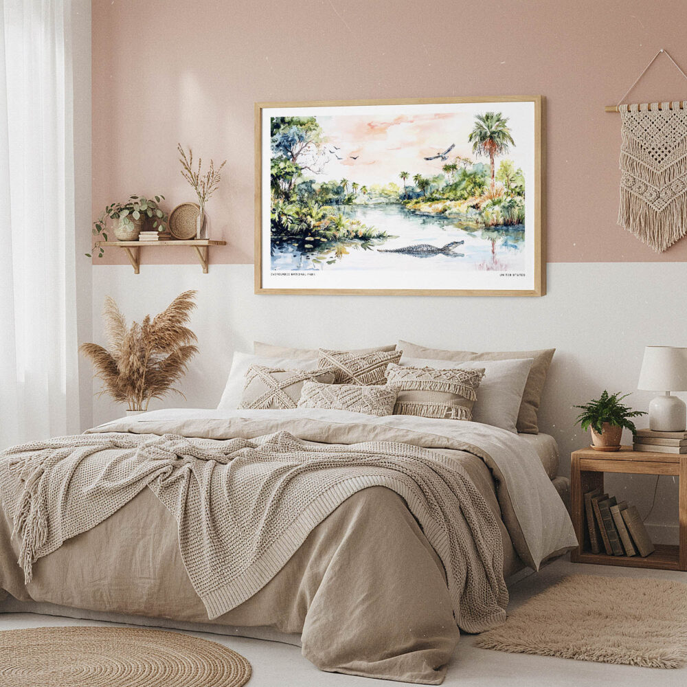 04 - Framed Everglades National Park Watercolor - Horizontal Art Print in Boho Bedroom.jpg 04 - Framed Everglades National Park Watercolor - Horizontal Art Print in Boho Bedroom.jpg