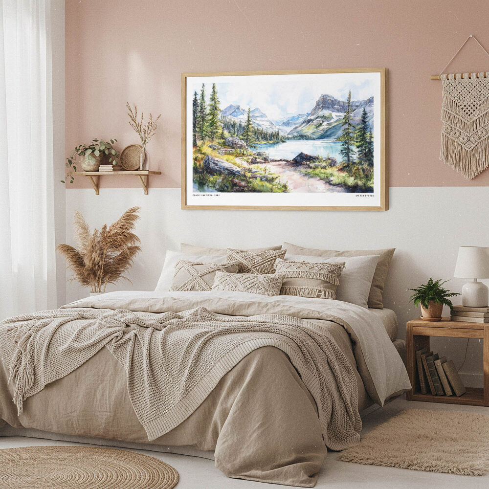 04 - Framed Glacier National Park Watercolor - Horizontal Art Print in Boho Bedroom.jpg 04 - Framed Glacier National Park Watercolor - Horizontal Art Print in Boho Bedroom.jpg
