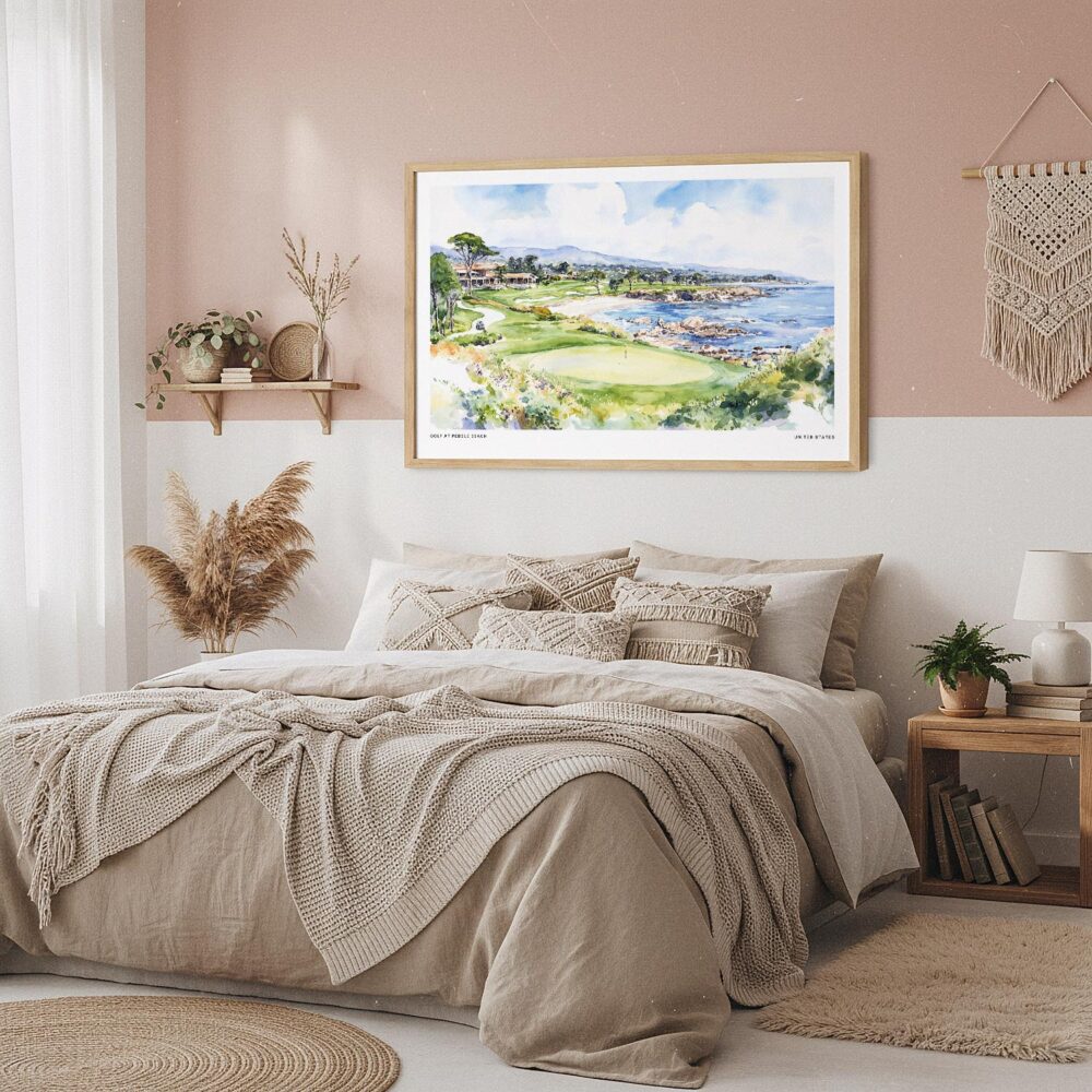 04 - Framed Golf at Pebble Beach Watercolor - Horizontal Art Print in Boho Bedroom.jpg 04 - Framed Golf at Pebble Beach Watercolor - Horizontal Art Print in Boho Bedroom.jpg