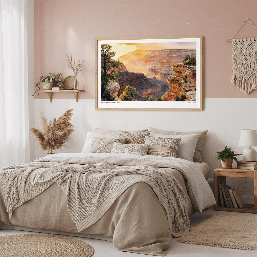 04 - Framed Grand Canyon National Park Watercolor - Horizontal Art Print in Boho Bedroom.jpg 04 - Framed Grand Canyon National Park Watercolor - Horizontal Art Print in Boho Bedroom.jpg