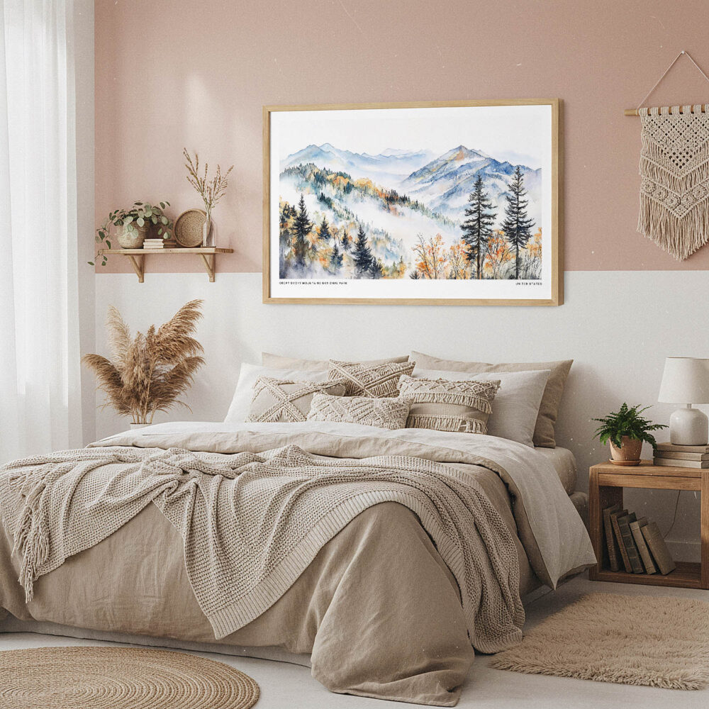 04 - Framed Great Smoky Mountains National Park Watercolor - Horizontal Art Print in Boho Bedroom.jpg 04 - Framed Great Smoky Mountains National Park Watercolor - Horizontal Art Print in Boho Bedroom.jpg