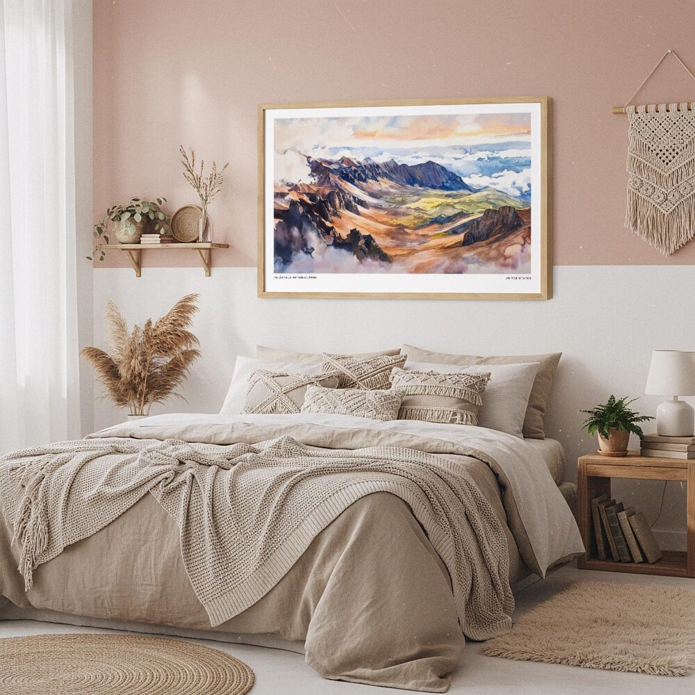 04 - Framed Haleakala National Park Watercolor - Horizontal Art Print in Boho Bedroom.jpg 04 - Framed Haleakala National Park Watercolor - Horizontal Art Print in Boho Bedroom.jpg