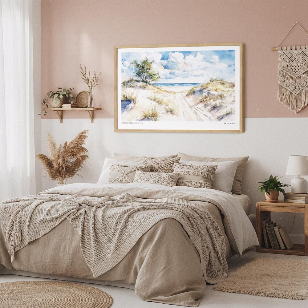 04 - Framed Indiana Dunes National Park Watercolor - Horizontal Art Print in Boho Bedroom.jpg 04 - Framed Indiana Dunes National Park Watercolor - Horizontal Art Print in Boho Bedroom.jpg