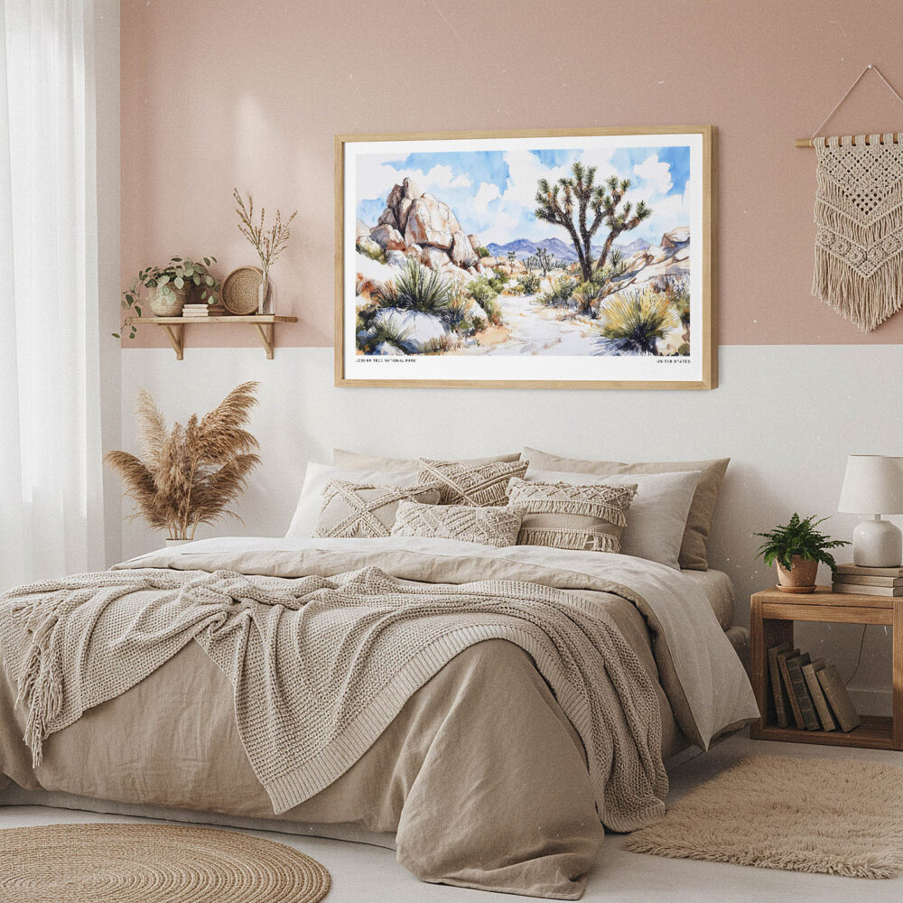 04 - Framed Joshua Tree National Park Watercolor - Horizontal Art Print in Boho Bedroom.jpg 04 - Framed Joshua Tree National Park Watercolor - Horizontal Art Print in Boho Bedroom.jpg