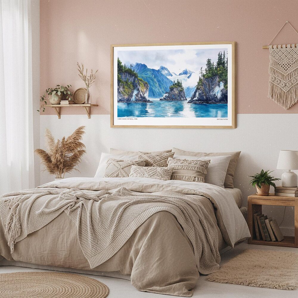04 - Framed Kenai Fjords National Park Watercolor - Horizontal Art Print in Boho Bedroom.jpg 04 - Framed Kenai Fjords National Park Watercolor - Horizontal Art Print in Boho Bedroom.jpg