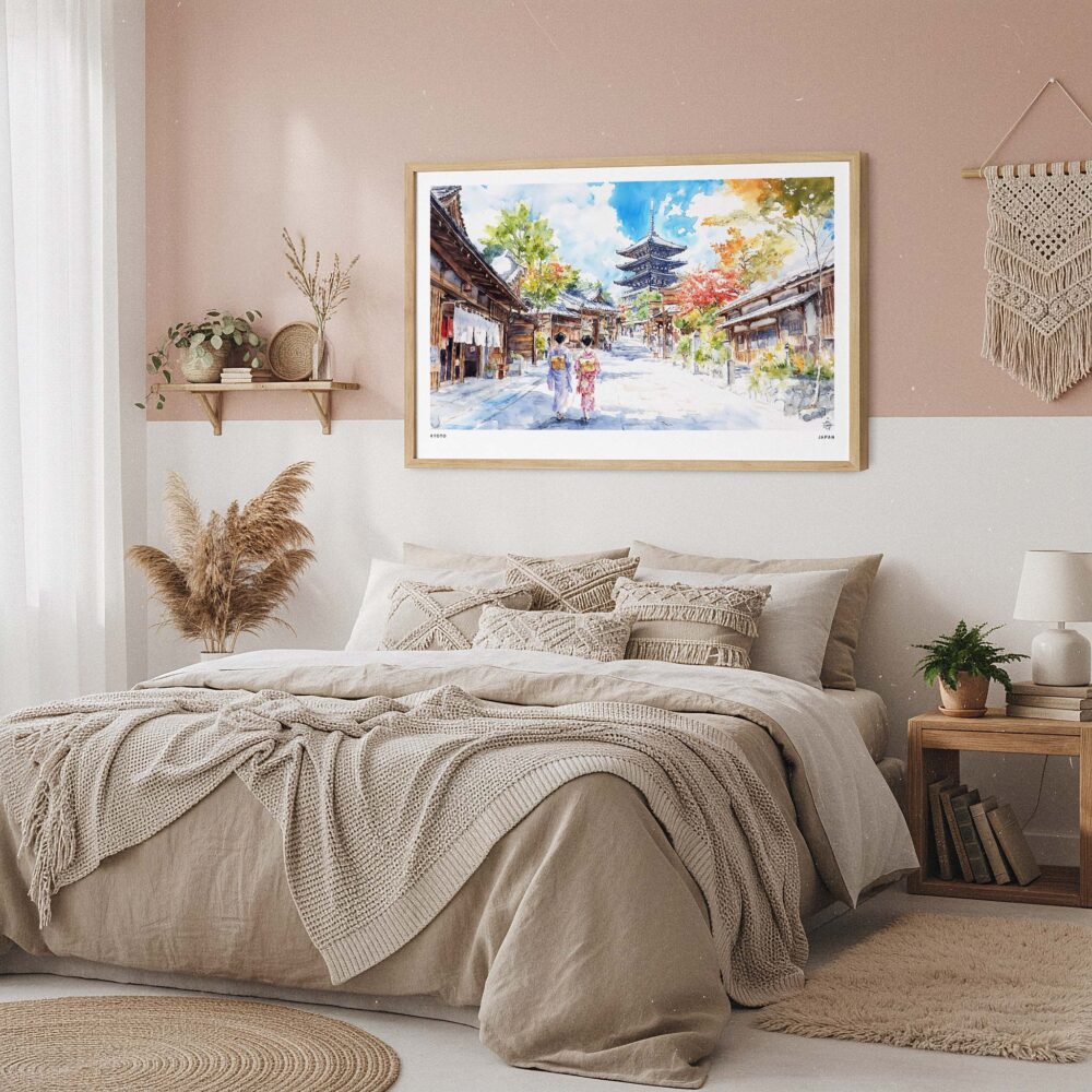 04 - Framed Kyoto Japan Watercolor Art - Horizontal Art Print in Boho Bedroom.jpg 04 - Framed Kyoto Japan Watercolor Art - Horizontal Art Print in Boho Bedroom.jpg