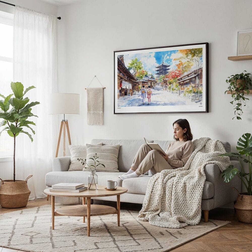 04 - Framed Kyoto Japan Watercolor Art - Horizontal Canvas Print - Scandi Living Room.jpg 04 - Framed Kyoto Japan Watercolor Art - Horizontal Canvas Print - Scandi Living Room.jpg