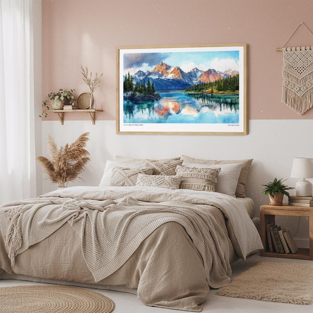 04 - Framed Lake Clark National Park Watercolor - Horizontal Art Print in Boho Bedroom.jpg 04 - Framed Lake Clark National Park Watercolor - Horizontal Art Print in Boho Bedroom.jpg