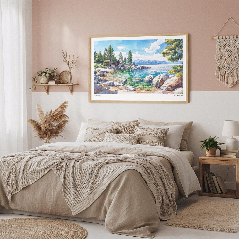 04 - Framed Lake Tahoe Watercolor - Horizontal Art Print in Boho Bedroom.jpg 04 - Framed Lake Tahoe Watercolor - Horizontal Art Print in Boho Bedroom.jpg
