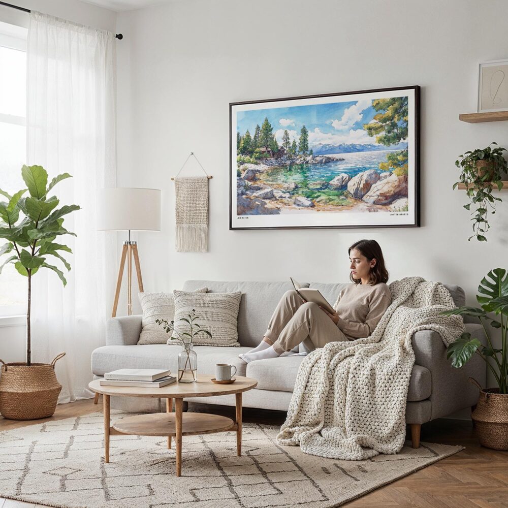 04 - Framed Lake Tahoe Watercolor - Horizontal Canvas Print - Scandi Living Room.jpg 04 - Framed Lake Tahoe Watercolor - Horizontal Canvas Print - Scandi Living Room.jpg