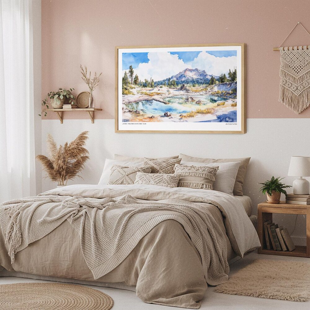 04 - Framed Lassen Volcanic National Park Watercolor - Horizontal Art Print in Boho Bedroom.jpg 04 - Framed Lassen Volcanic National Park Watercolor - Horizontal Art Print in Boho Bedroom.jpg