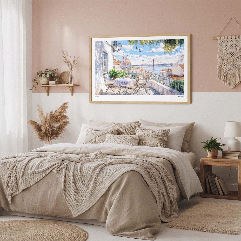 04 - Framed Lisbon Portugal Watercolor Art - Horizontal Art Print in Boho Bedroom.jpg 04 - Framed Lisbon Portugal Watercolor Art - Horizontal Art Print in Boho Bedroom.jpg