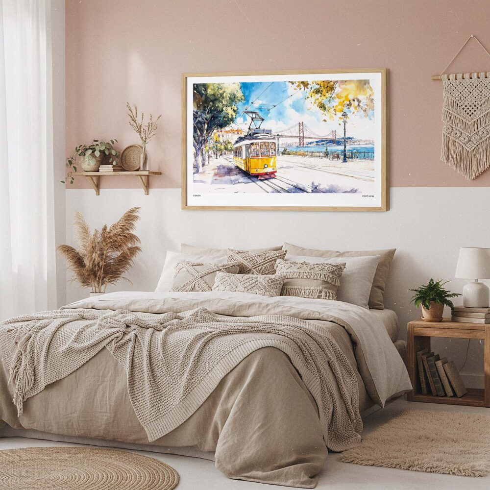 04 - Framed Lisbon Portugal Yellow Tram Watercolor Art - Horizontal Art Print in Boho Bedroom - Horizontal.jpg 04 - Framed Lisbon Portugal Yellow Tram Watercolor Art - Horizontal Art Print in Boho Bedroom - Horizontal.jpg