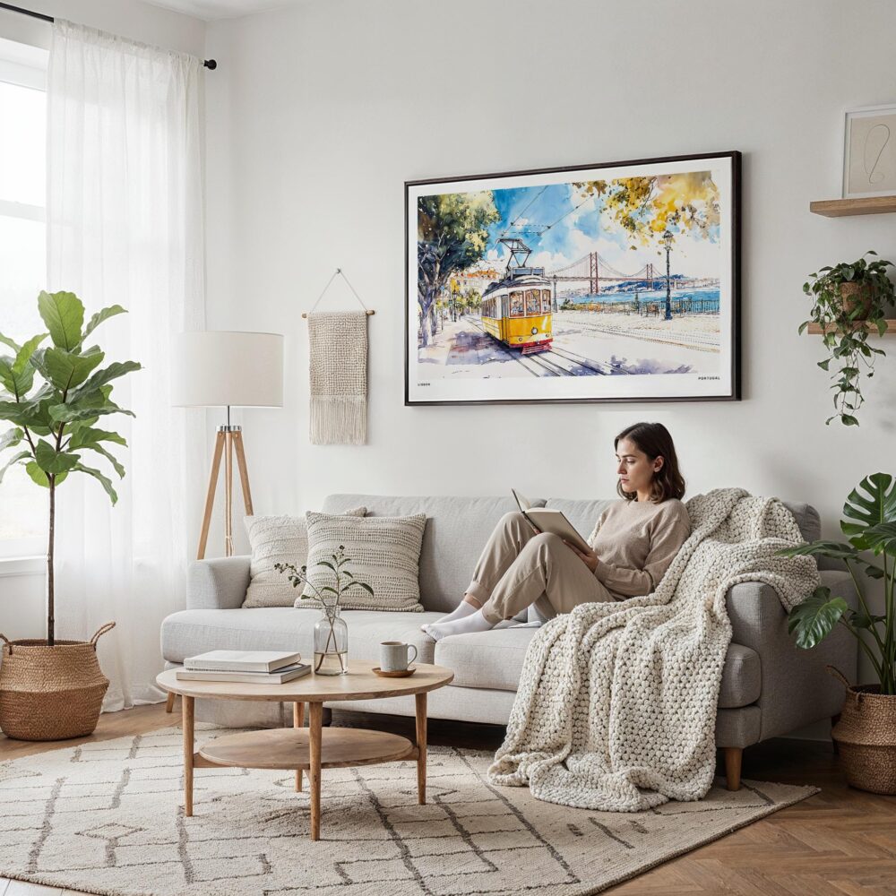 04 - Framed Lisbon Portugal Yellow Tram Watercolor Art - Horizontal Canvas Print - Scandi Living Room.jpg 04 - Framed Lisbon Portugal Yellow Tram Watercolor Art - Horizontal Canvas Print - Scandi Living Room.jpg