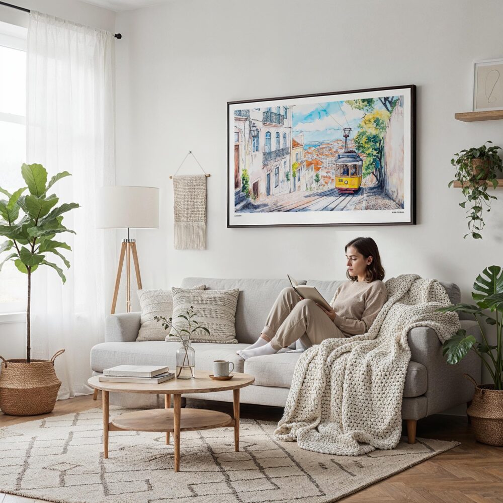 04 - Framed Lisbon Tram 28 Watercolor Art - Horizontal Canvas Print - Scandi Living Room.jpg 04 - Framed Lisbon Tram 28 Watercolor Art - Horizontal Canvas Print - Scandi Living Room.jpg