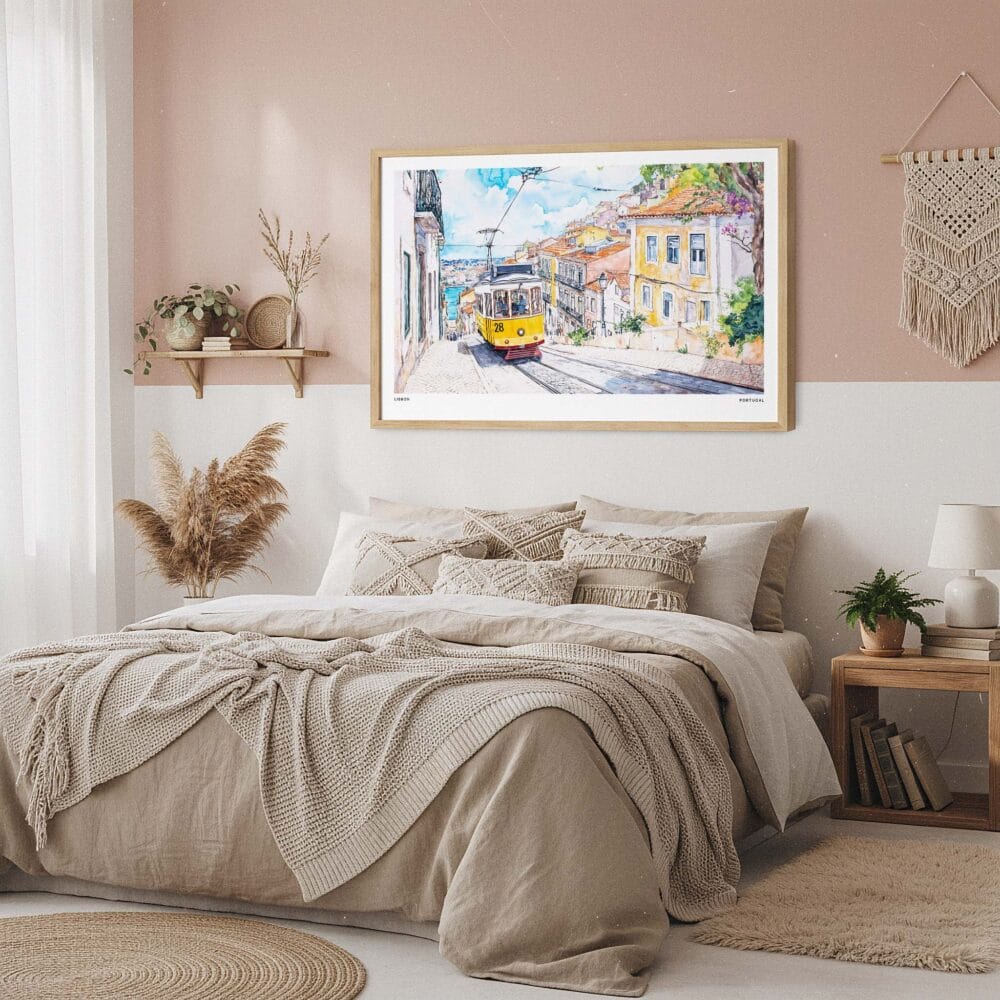 04 - Framed Lisbon Watercolor Art - Horizontal Art Print in Boho Bedroom - Horizontal.jpg 04 - Framed Lisbon Watercolor Art - Horizontal Art Print in Boho Bedroom - Horizontal.jpg