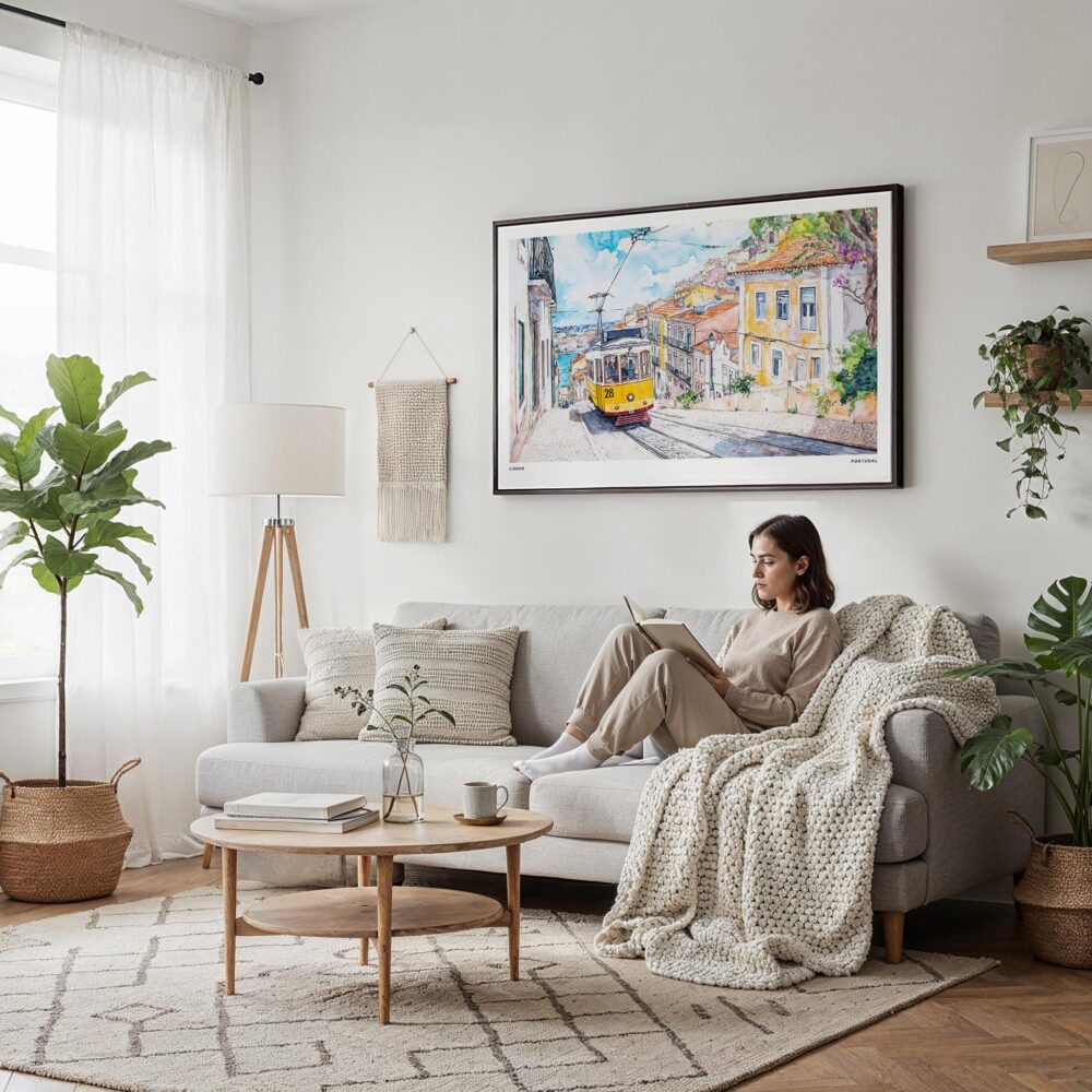 04 - Framed Lisbon Watercolor Art - Horizontal Canvas Print - Scandi Living Room.jpg 04 - Framed Lisbon Watercolor Art - Horizontal Canvas Print - Scandi Living Room.jpg