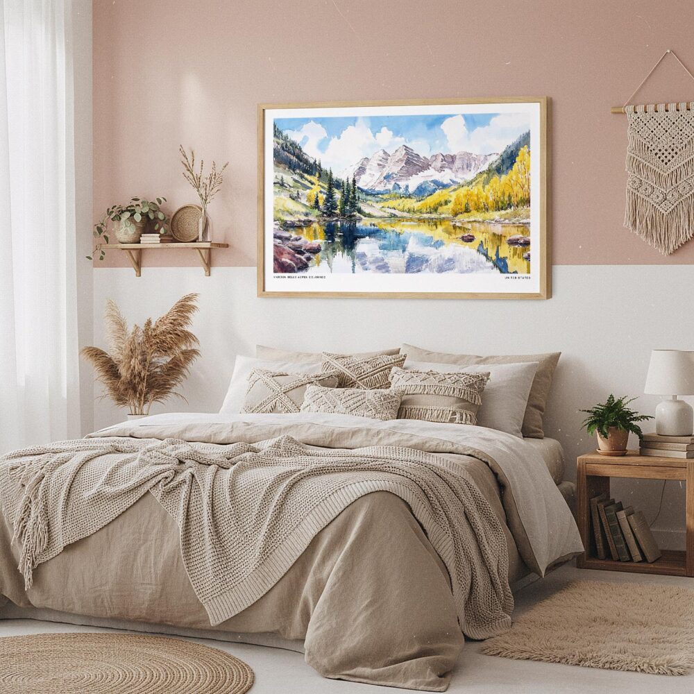 04 - Framed Maroon Bells Aspen CO Watercolor - Horizontal Art Print in Boho Bedroom.jpg 04 - Framed Maroon Bells Aspen CO Watercolor - Horizontal Art Print in Boho Bedroom.jpg