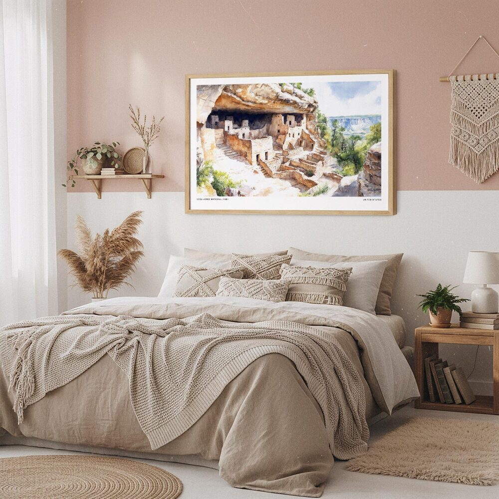 04 - Framed Mesa Verde National Park Watercolor - Horizontal Art Print in Boho Bedroom.jpg 04 - Framed Mesa Verde National Park Watercolor - Horizontal Art Print in Boho Bedroom.jpg