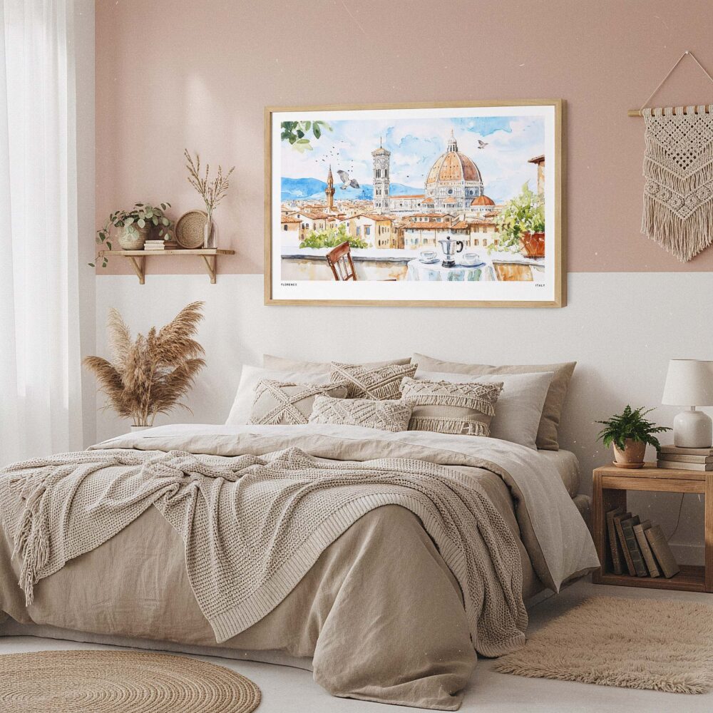 04 - Framed Morning Coffee in Florence Italy with Cathedral Watercolor Art - Horizontal Art Print in Boho Bedroom.jpg 04 - Framed Morning Coffee in Florence Italy with Cathedral Watercolor Art - Horizontal Art Print in Boho Bedroom.jpg
