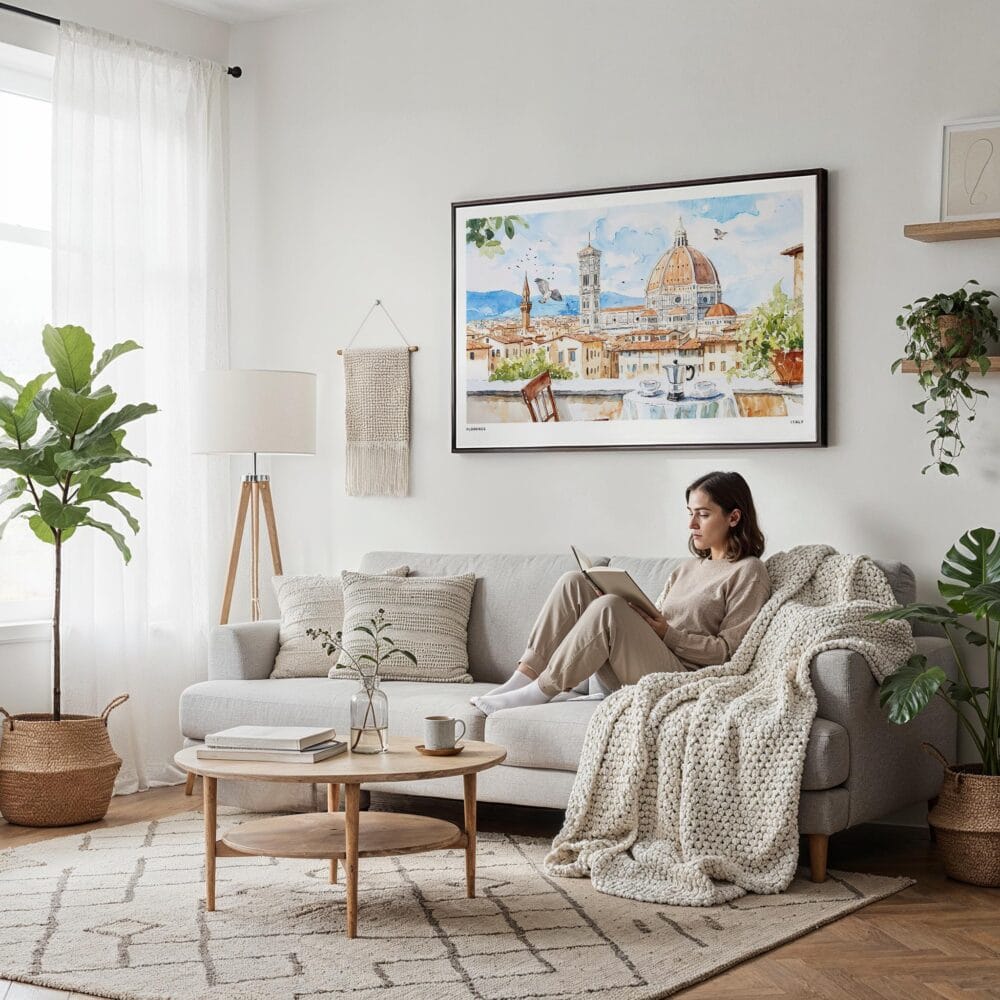 04 - Framed Morning Coffee in Florence Italy with Cathedral Watercolor Art - Horizontal Canvas Print - Scandi Living Room.jpg 04 - Framed Morning Coffee in Florence Italy with Cathedral Watercolor Art - Horizontal Canvas Print - Scandi Living Room.jpg