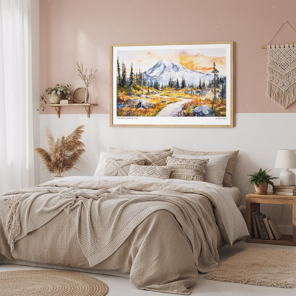 04 - Framed Mount Rainier National Park Watercolor - Horizontal Art Print in Boho Bedroom.jpg 04 - Framed Mount Rainier National Park Watercolor - Horizontal Art Print in Boho Bedroom.jpg